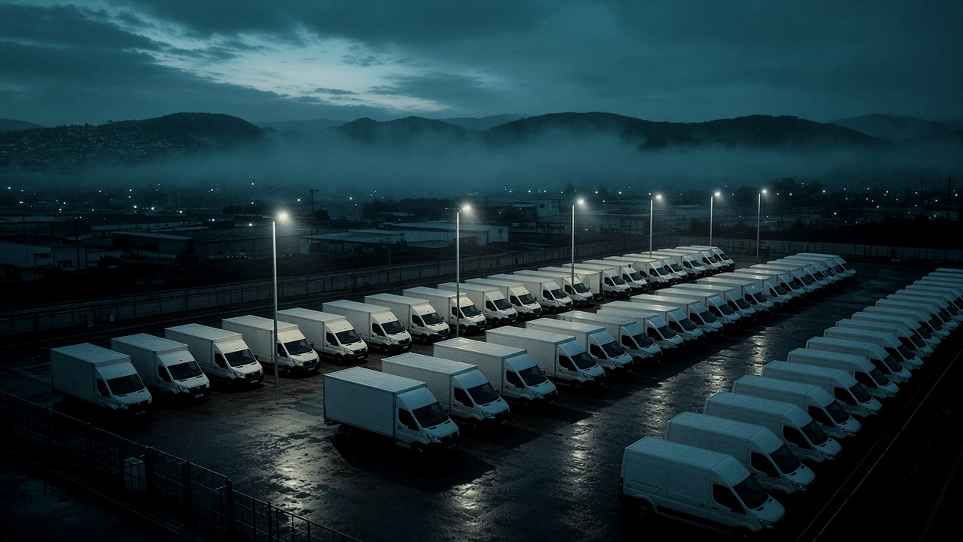 Flotilla de camionetas de reparto estacionadas en un patio al atardecer