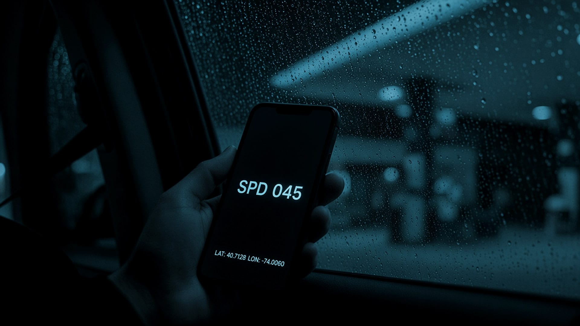 Mano sosteniendo un smartphone dentro de un auto frente a una gasolinera